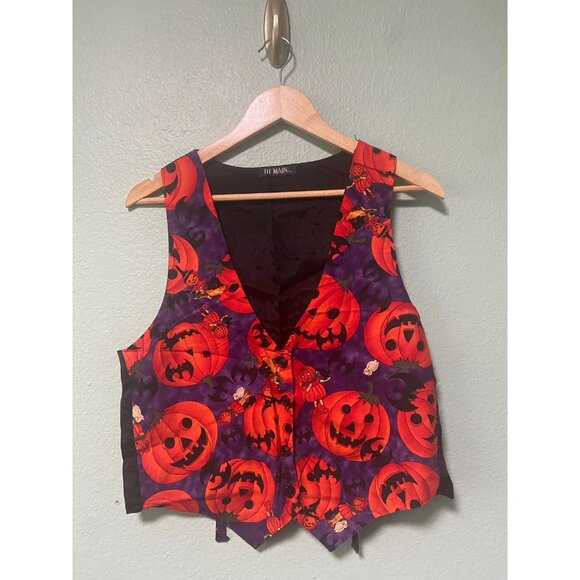 Vintage III Main One Size Halloween Pumpkin Bat Button Up Vest - Picture 1 of 6